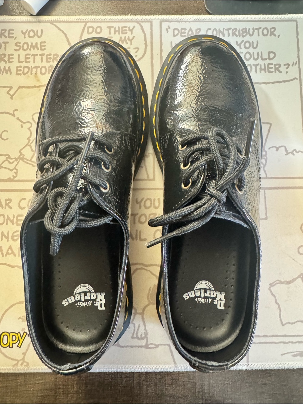 Dr. Martens Black Patent Lace-Up Shoes with Yellow Stitching